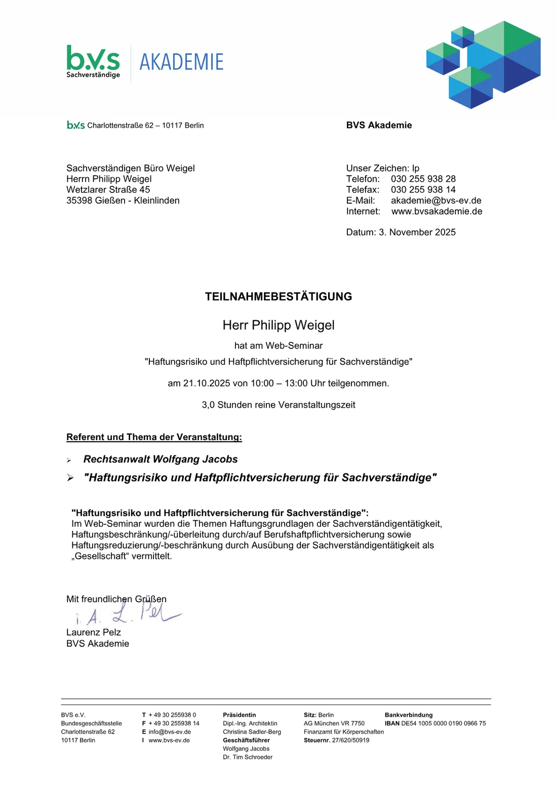 Teilnahmebestätigung Weigel Web.Sem.ASW Haftung (Großansicht öffnen)