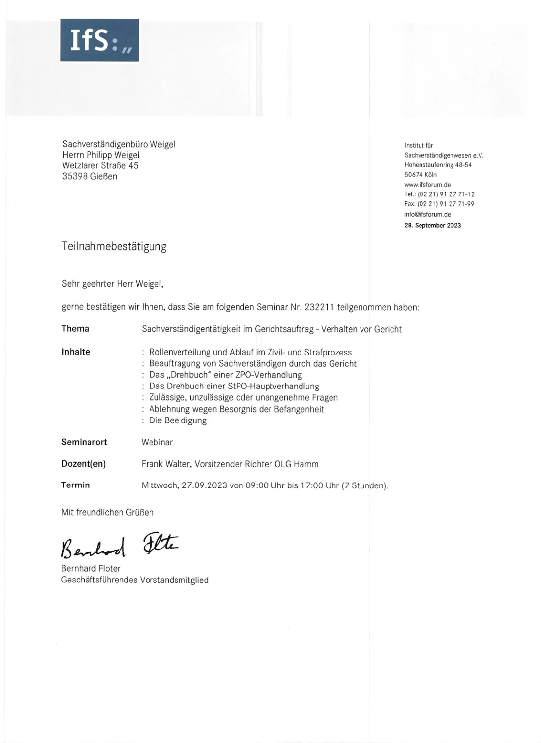 Teilnahmebestätigung - Webinar Sachverständigentätikeit im Gerichtsauftrag - Verhalten vor Gericht (Großansicht öffnen)
