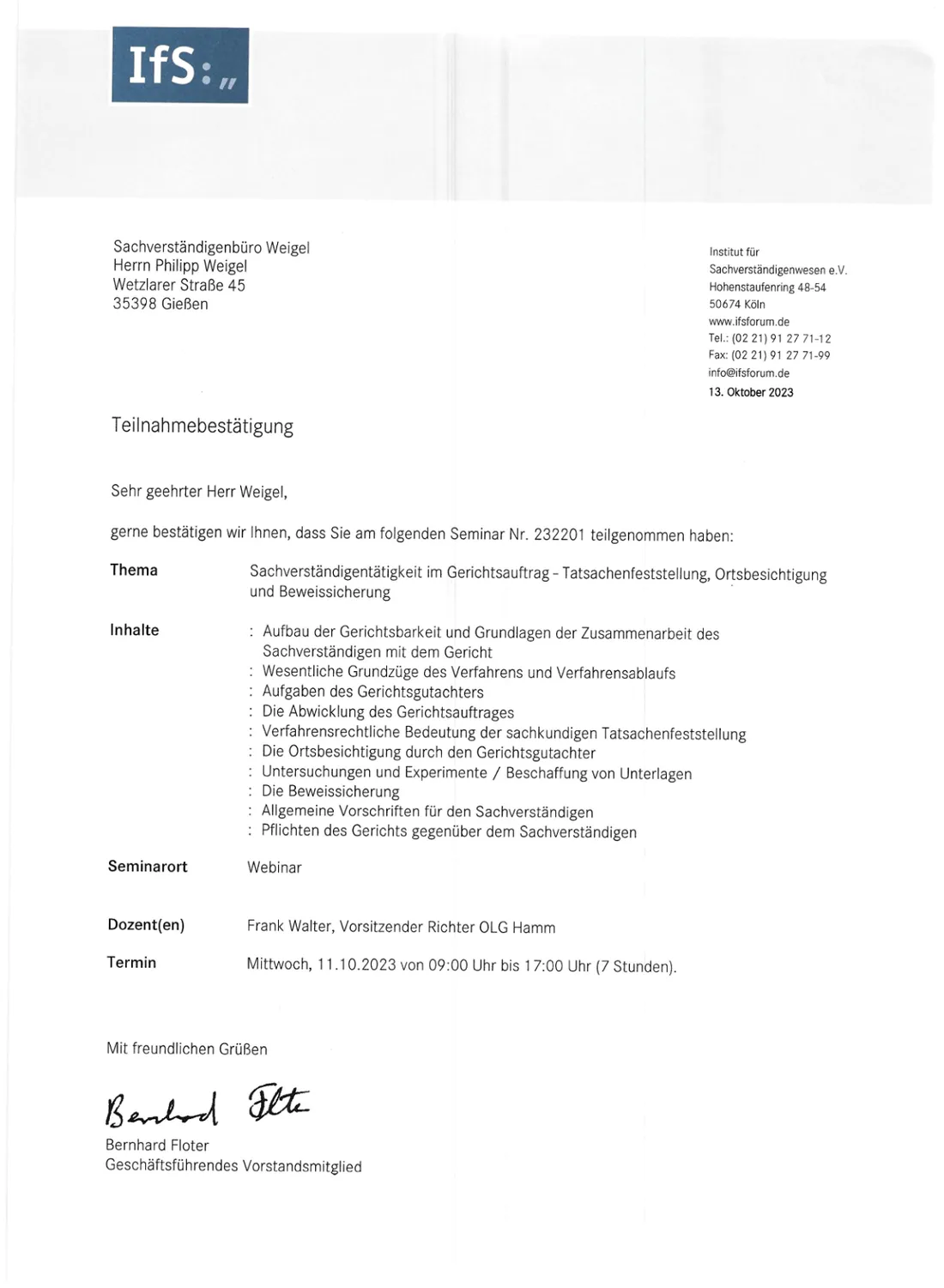 Teilnahmebestätigung - Webinar Sachverständigentätikeit im Gerichtsauftrag - Tatsachenfeststellung (Großansicht öffnen)