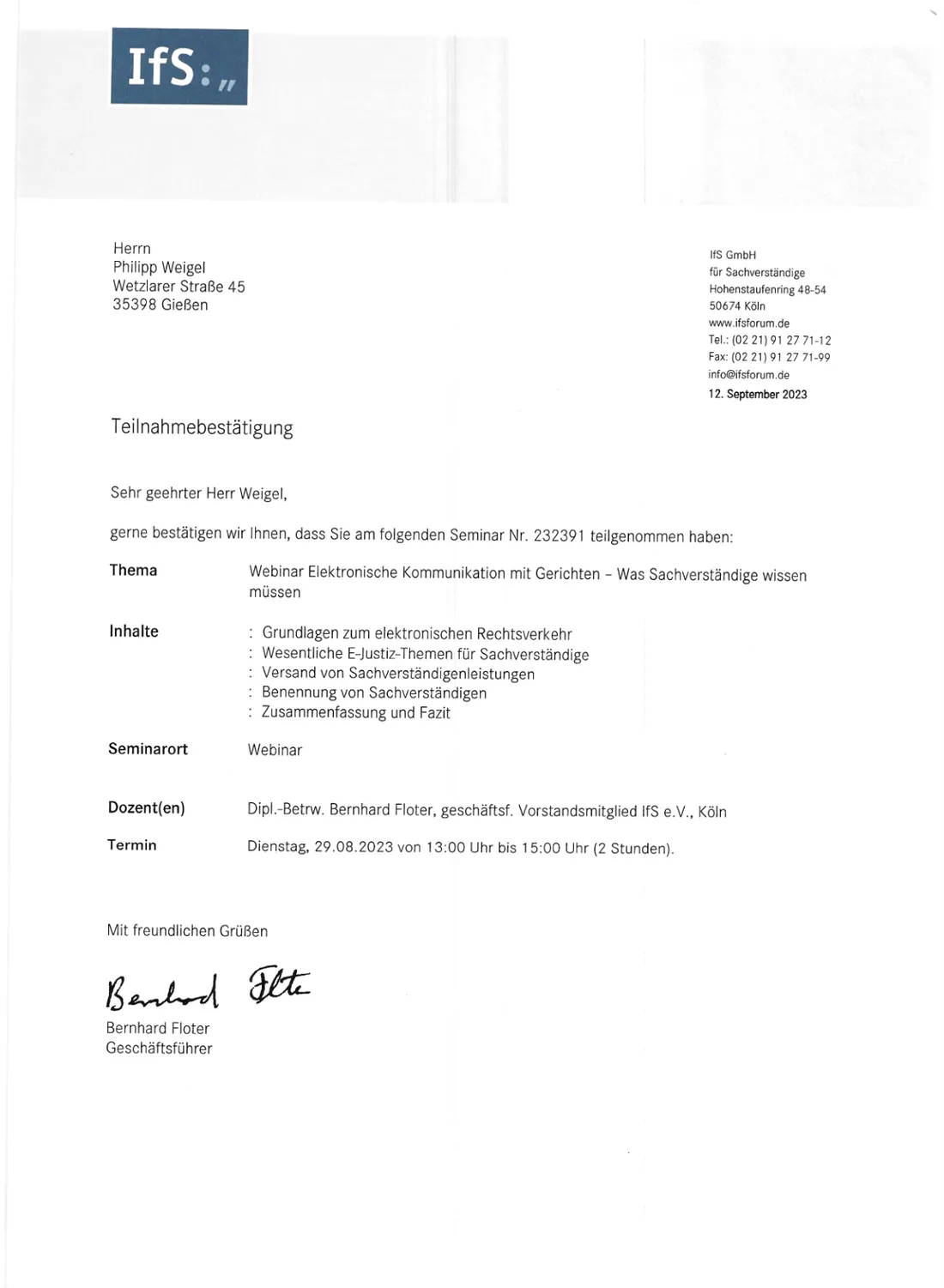 Teilnahmebestätigung - Webinar Elektronische Kommunikation mit Gerichten (Großansicht öffnen)
