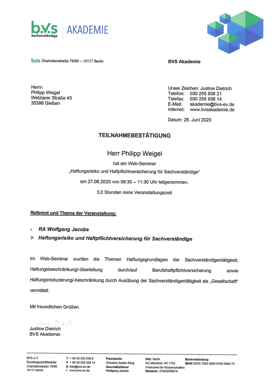 Teilnahmebescheinigung B.V.S - Haftungsrisiko und Haftpflichtversicherung & Haftpflichtversicherung für Sachverständige (Großansicht öffnen)