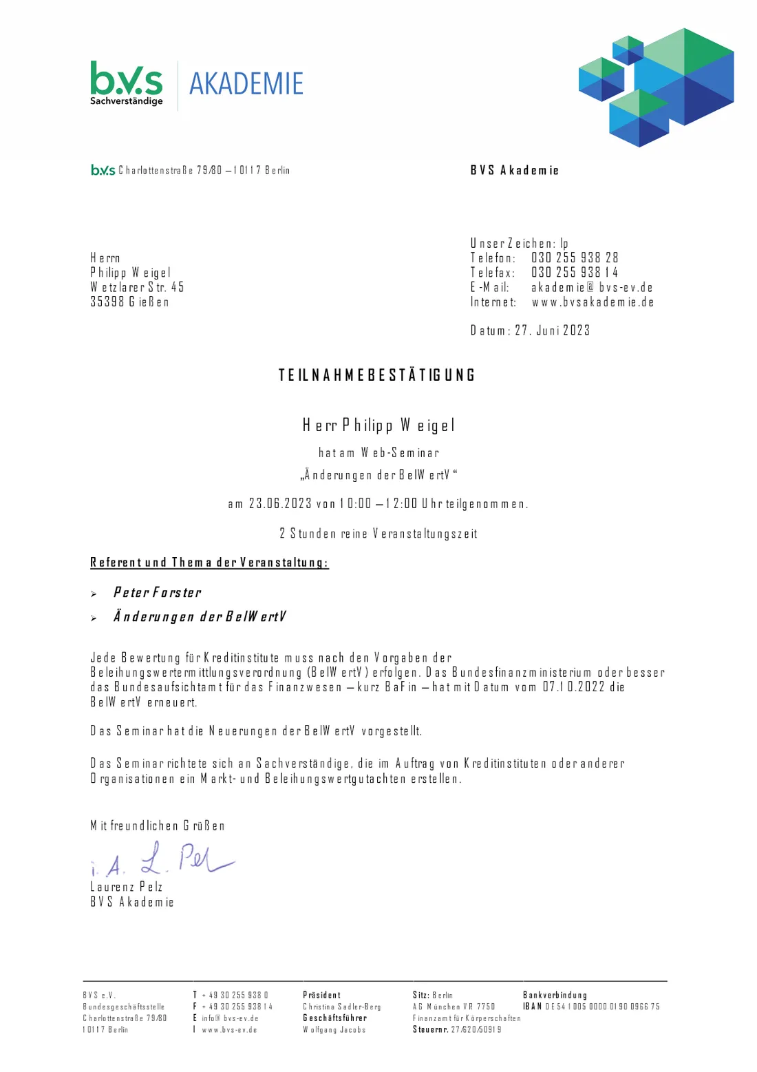 Teilnahmebestätigung B.V.S - Änderungen BelWertV-23.06.2023 (Großansicht öffnen)